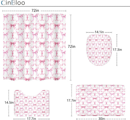 Pink Bow Retro Coquette Preppy 4Pcs Bathroom Shower Curtain Set with Rugs