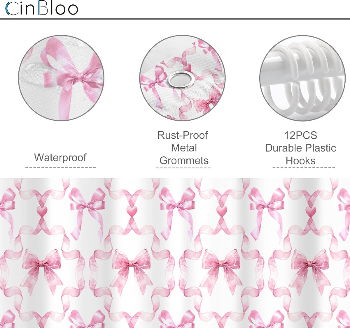 Pink Bow Retro Coquette Preppy 4Pcs Bathroom Shower Curtain Set with Rugs