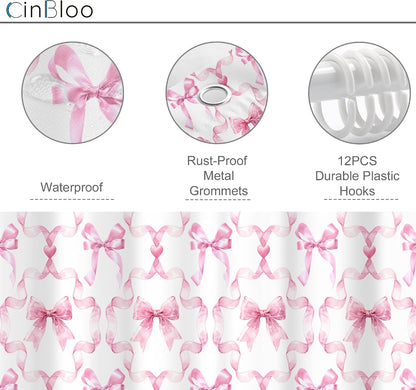 Pink Bow Retro Coquette Preppy 4Pcs Bathroom Shower Curtain Set with Rugs