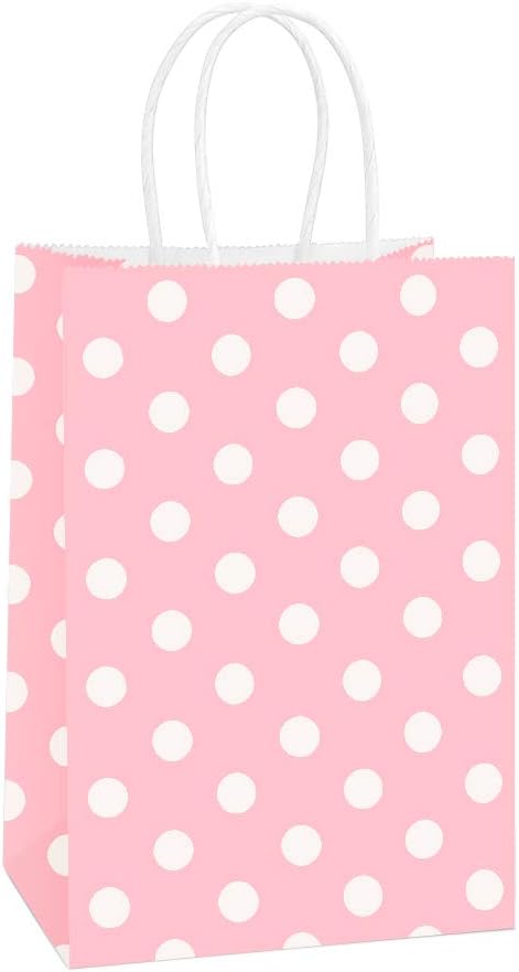 Small Gift Bags 25Pcs 5.25x3x8 Inches Kraft Paper Bags with Handles, Pink Dot Paper Gift Sacks for Retail, Merchandise, Party Favor, Small Business