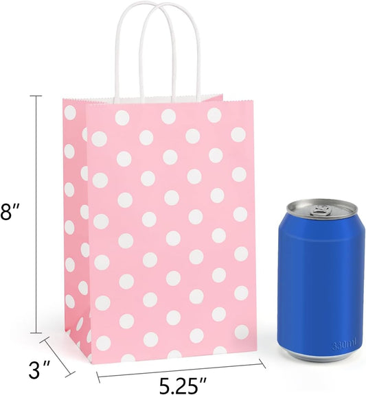 Small Gift Bags 25Pcs 5.25x3x8 Inches Kraft Paper Bags with Handles, Pink Dot Paper Gift Sacks for Retail, Merchandise, Party Favor, Small Business