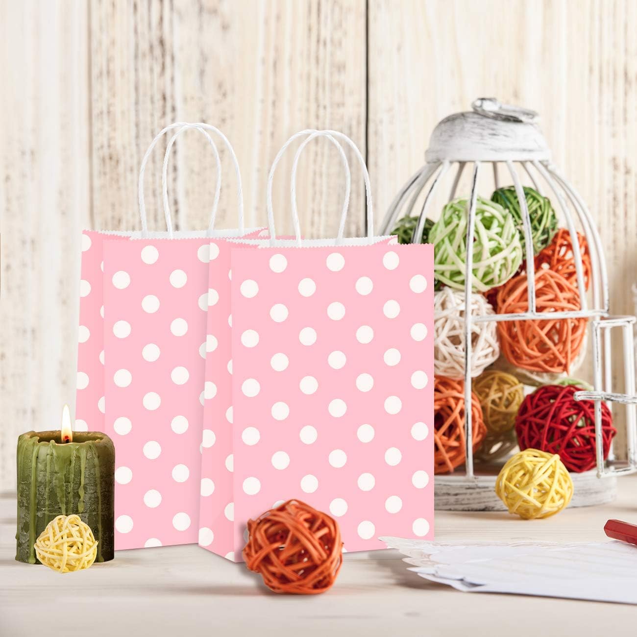 Small Gift Bags 25Pcs 5.25x3x8 Inches Kraft Paper Bags with Handles, Pink Dot Paper Gift Sacks for Retail, Merchandise, Party Favor, Small Business