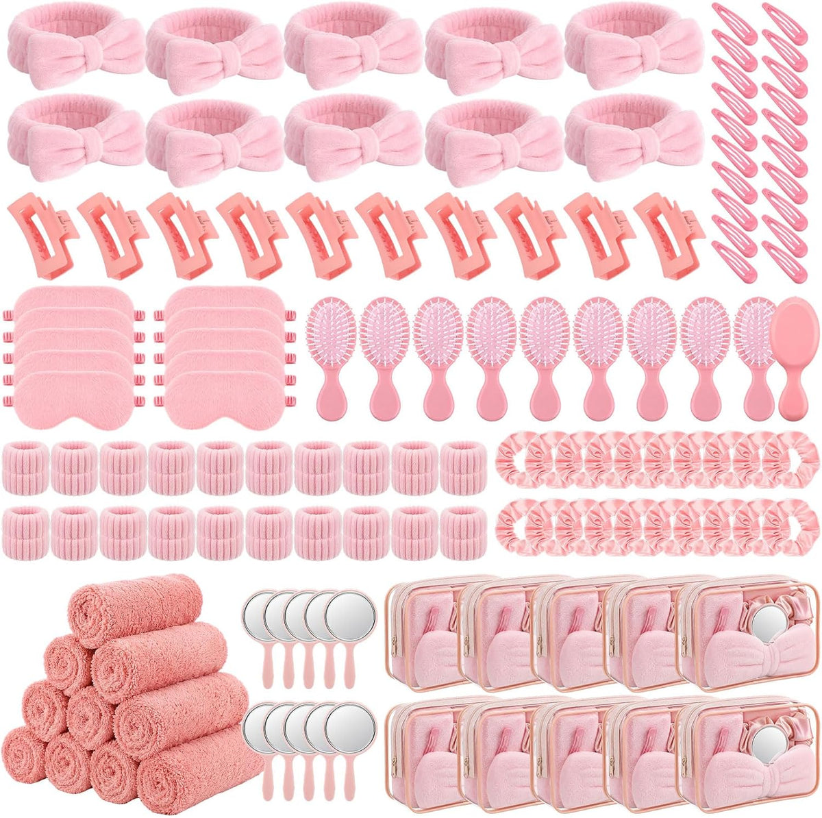 120 Pcs Spa Party Pink Sleepover Party Supplies Bulk Headband Wristband Scrunchies Towels Makeup Bag Mirror Claw Hair Clips Hair Brush Eye Mask for Girls Women Bridal Slumber Birthday Favor