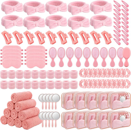 120 Pcs Spa Party Pink Sleepover Party Supplies Bulk Headband Wristband Scrunchies Towels Makeup Bag Mirror Claw Hair Clips Hair Brush Eye Mask for Girls Women Bridal Slumber Birthday Favor