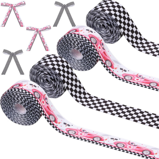 4 Rolls Pink Race Car Grosgrain Ribbons 20 Yards