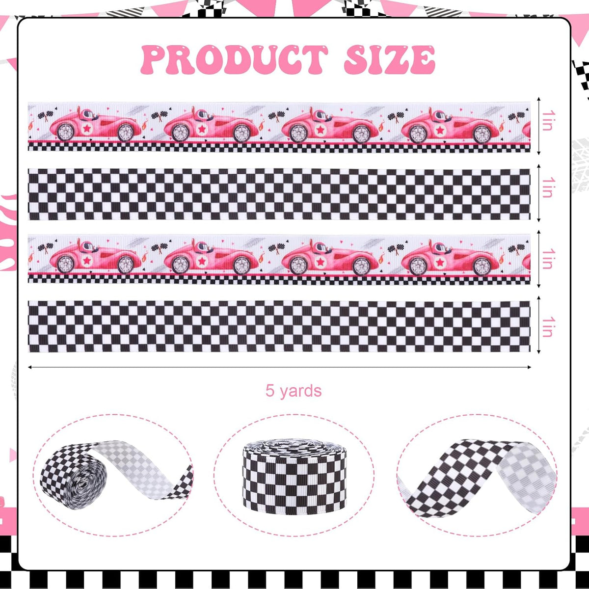 4 Rolls Pink Race Car Grosgrain Ribbons 20 Yards