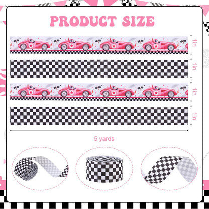 4 Rolls Pink Race Car Grosgrain Ribbons 20 Yards