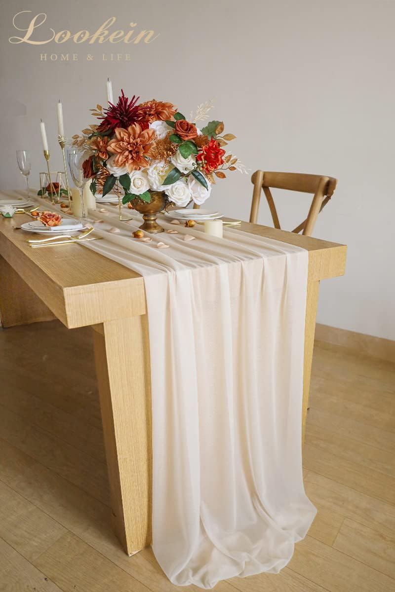 10 Feet Champagne Chiffon Table Runner Sheer Wedding Table Cloth 29x120 Inches Rustic Wedding Decorations French Chiffon Table Runner