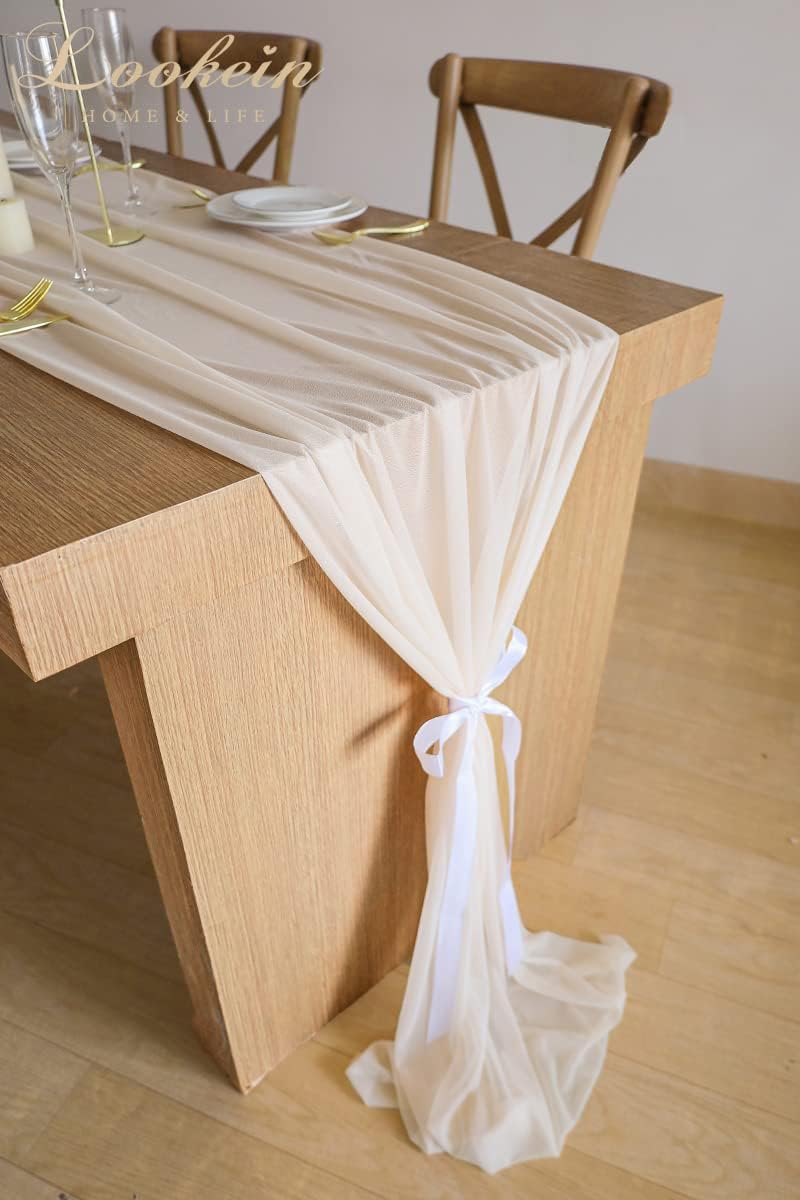 10 Feet Champagne Chiffon Table Runner Sheer Wedding Table Cloth 29x120 Inches Rustic Wedding Decorations French Chiffon Table Runner
