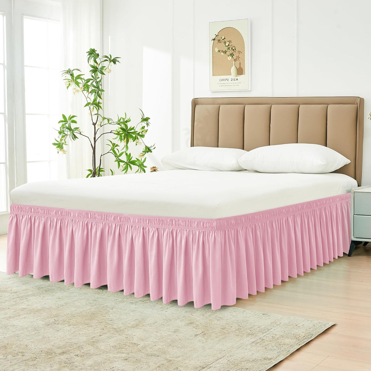 Wrap Around Queen Size Bed Skirt 15 Inch Drop-Elastic Dust Ruffle Pink