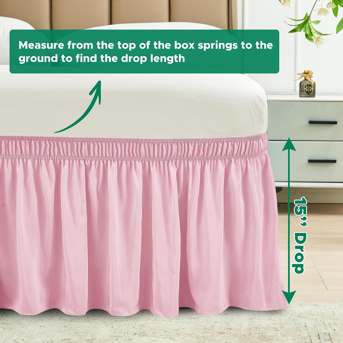 Wrap Around Queen Size Bed Skirt 15 Inch Drop-Elastic Dust Ruffle Pink