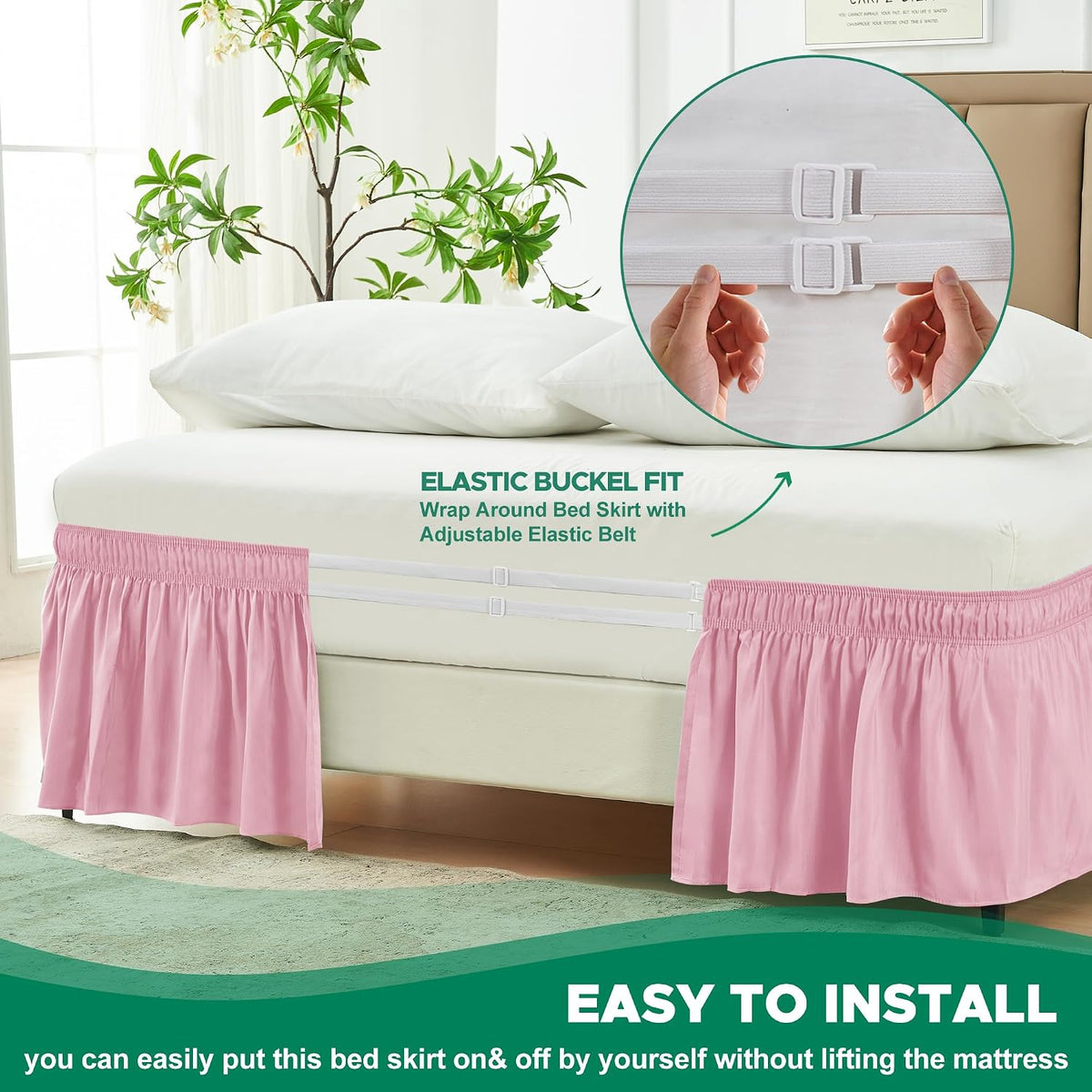Wrap Around Queen Size Bed Skirt 15 Inch Drop-Elastic Dust Ruffle Pink