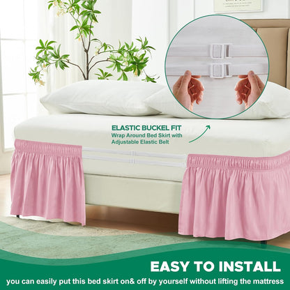 Wrap Around Queen Size Bed Skirt 15 Inch Drop-Elastic Dust Ruffle Pink