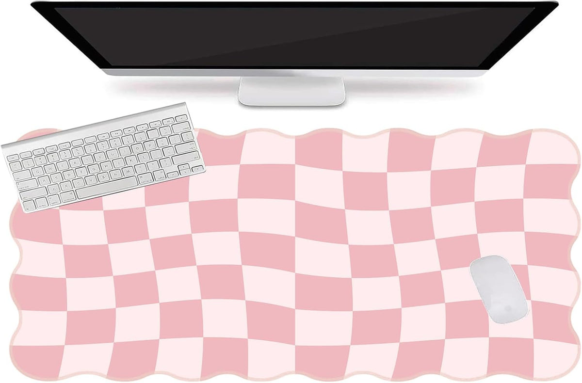 Pink Mouse Pad,Geometric Desk Mat XXL Large Scalloped Gaming Mousepad,35.4x15.7in Non-Slip Rubber Base Keyboard Pad Waterproof Desktop Mat for Laptop Computer Game Home Office-Checkered