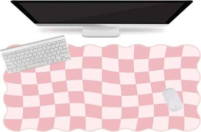 Pink Mouse Pad,Geometric Desk Mat XXL Large Scalloped Gaming Mousepad,35.4x15.7in Non-Slip Rubber Base Keyboard Pad Waterproof Desktop Mat for Laptop Computer Game Home Office-Checkered