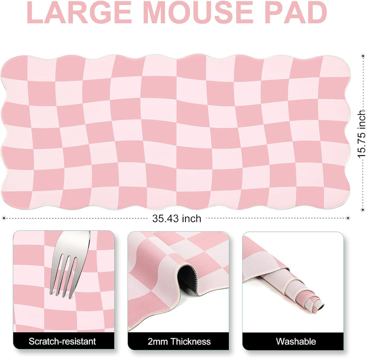 Pink Mouse Pad,Geometric Desk Mat XXL Large Scalloped Gaming Mousepad,35.4x15.7in Non-Slip Rubber Base Keyboard Pad Waterproof Desktop Mat for Laptop Computer Game Home Office-Checkered