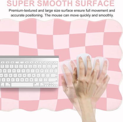 Pink Mouse Pad,Geometric Desk Mat XXL Large Scalloped Gaming Mousepad,35.4x15.7in Non-Slip Rubber Base Keyboard Pad Waterproof Desktop Mat for Laptop Computer Game Home Office-Checkered