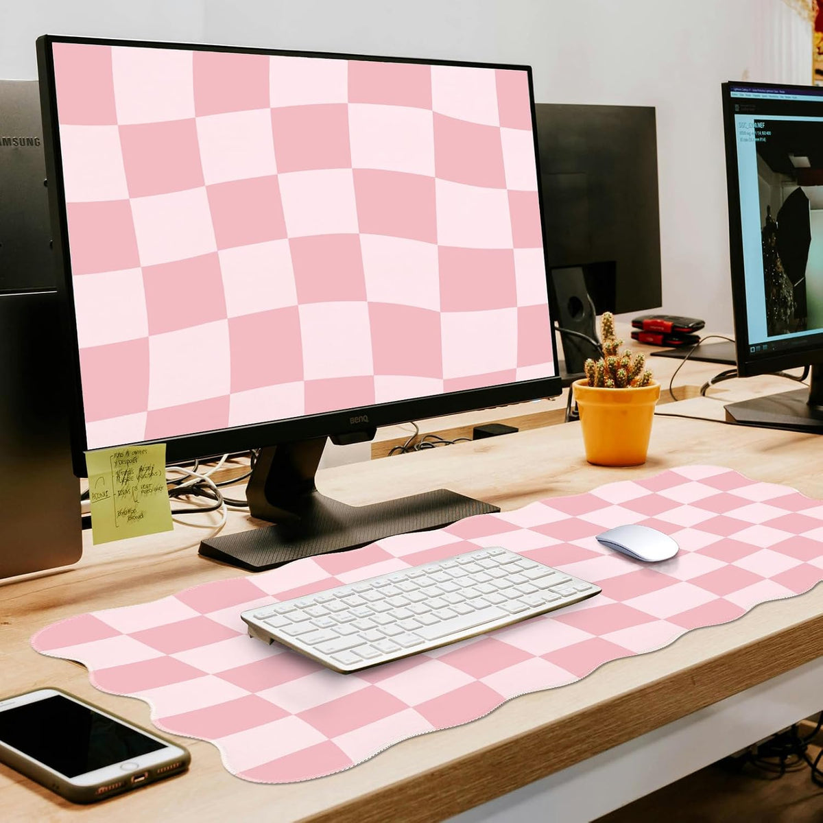 Pink Mouse Pad,Geometric Desk Mat XXL Large Scalloped Gaming Mousepad,35.4x15.7in Non-Slip Rubber Base Keyboard Pad Waterproof Desktop Mat for Laptop Computer Game Home Office-Checkered