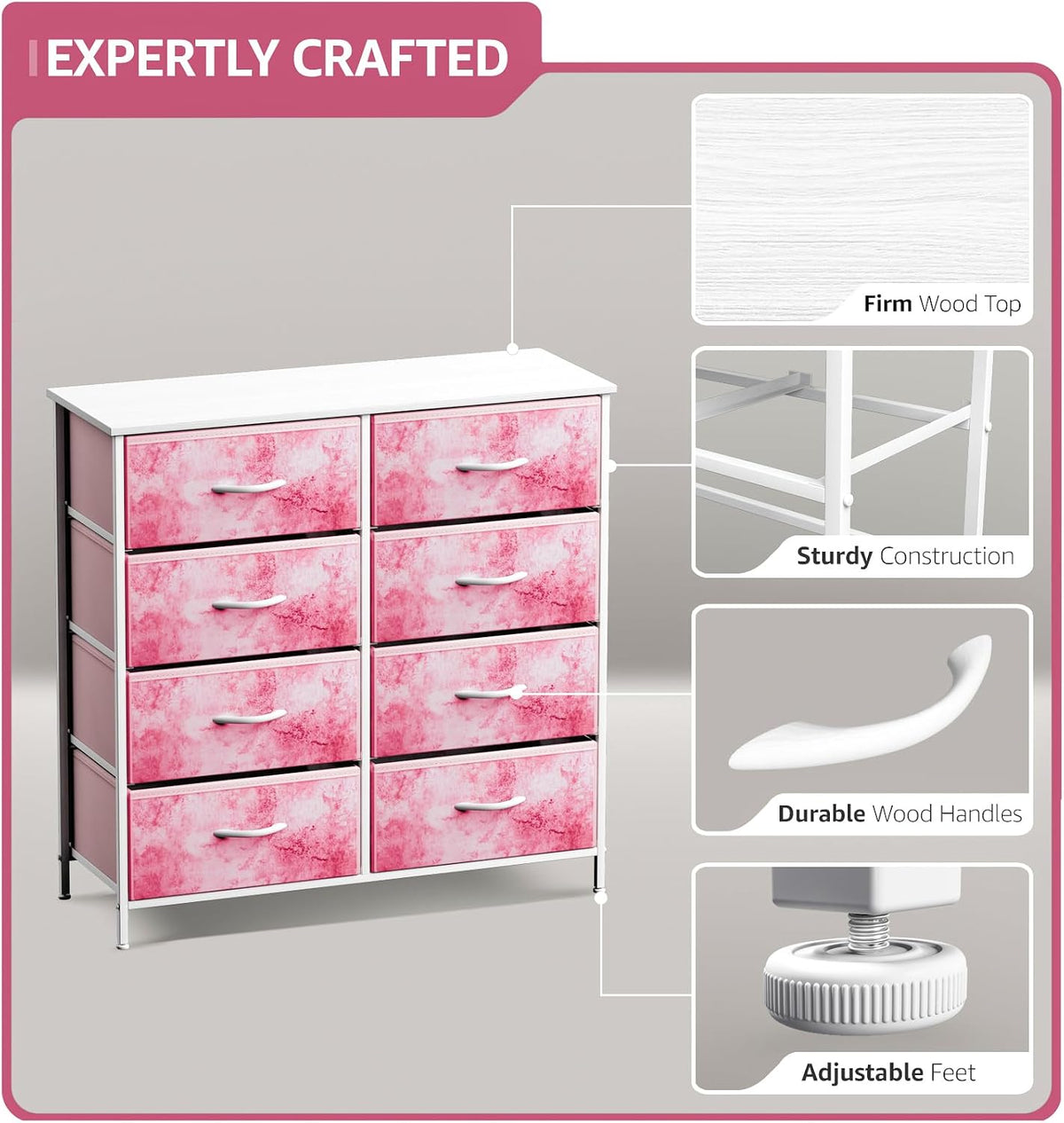 Kids Dresser, Cube Storage for Bedroom (8 Drawer, Tie Dye Pink)