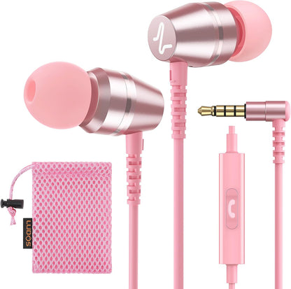 OMNITONE Wired Earbuds in-Ear Headphones, 5 Year Warranty, Earphones with Microphone, 3.5 mm Jack Corded Ear Buds, Videoconference for iPhone, Samsung, Laptop, Kids, School Students - Pink