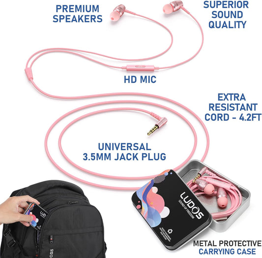 OMNITONE Wired Earbuds in-Ear Headphones, 5 Year Warranty, Earphones with Microphone, 3.5 mm Jack Corded Ear Buds, Videoconference for iPhone, Samsung, Laptop, Kids, School Students - Pink