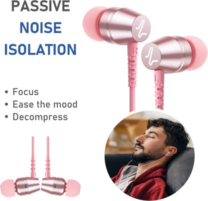 OMNITONE Wired Earbuds in-Ear Headphones, 5 Year Warranty, Earphones with Microphone, 3.5 mm Jack Corded Ear Buds, Videoconference for iPhone, Samsung, Laptop, Kids, School Students - Pink