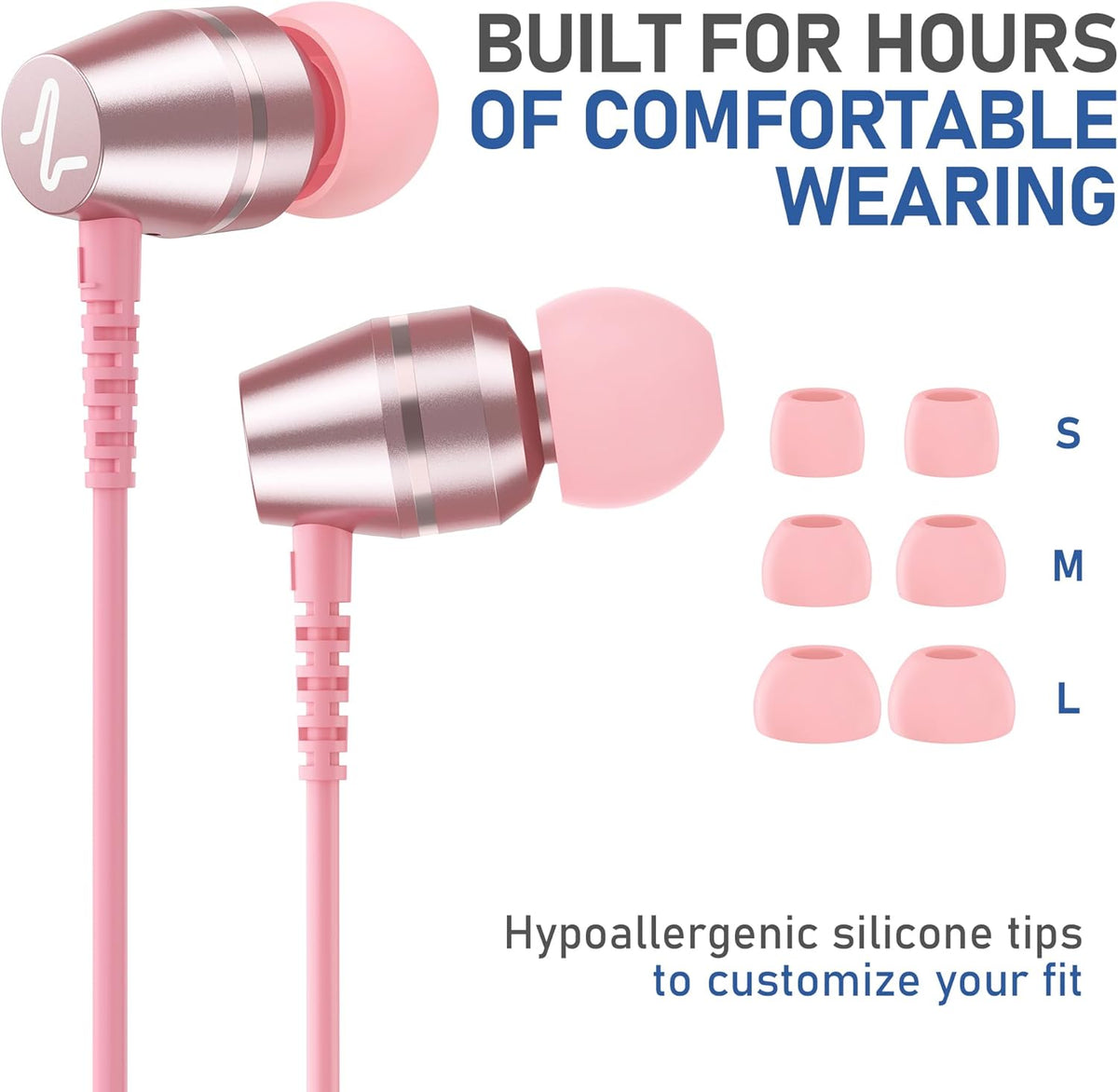 OMNITONE Wired Earbuds in-Ear Headphones, 5 Year Warranty, Earphones with Microphone, 3.5 mm Jack Corded Ear Buds, Videoconference for iPhone, Samsung, Laptop, Kids, School Students - Pink