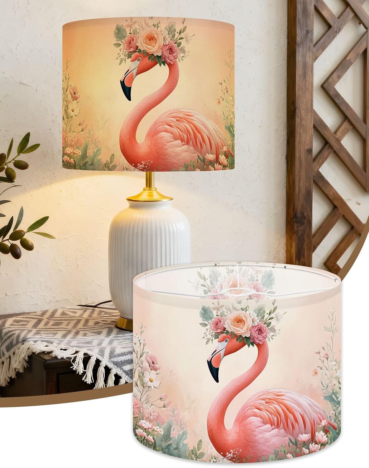 Flamingos Linen Drum Lamp Shades Easy Assembly, 13" x13" x10" Tropical Animal Pink Modern Roses Floral Crown Pastel Colors Feathers Lampshade for Table Lamps Floor Lamps Replacement Lamp Shade