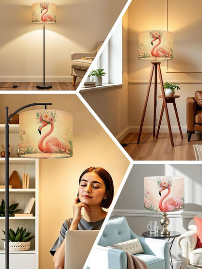 Flamingos Linen Drum Lamp Shades Easy Assembly, 13" x13" x10" Tropical Animal Pink Modern Roses Floral Crown Pastel Colors Feathers Lampshade for Table Lamps Floor Lamps Replacement Lamp Shade