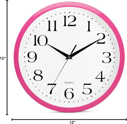 Pink Wall Clock 12 inch Silent Non Ticking Battery Operated Quartz Easy to Read Round Classroom Home Decor for Kids Playroom Baby Room Nursery Fun