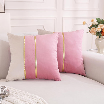 Velvet Throw Pillow Covers,Pack of 2 Soft Decorative Cushion Covers Cases Pink White Patchwork with Gold Leather for Sofa Bedroom Livingroom Car, 18 x 18 Inch