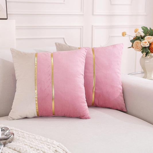Velvet Throw Pillow Covers,Pack of 2 Soft Decorative Cushion Covers Cases Pink White Patchwork with Gold Leather for Sofa Bedroom Livingroom Car, 18 x 18 Inch