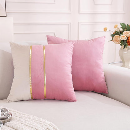Velvet Throw Pillow Covers,Pack of 2 Soft Decorative Cushion Covers Cases Pink White Patchwork with Gold Leather for Sofa Bedroom Livingroom Car, 18 x 18 Inch
