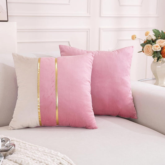 Velvet Throw Pillow Covers,Pack of 2 Soft Decorative Cushion Covers Cases Pink White Patchwork with Gold Leather for Sofa Bedroom Livingroom Car, 18 x 18 Inch