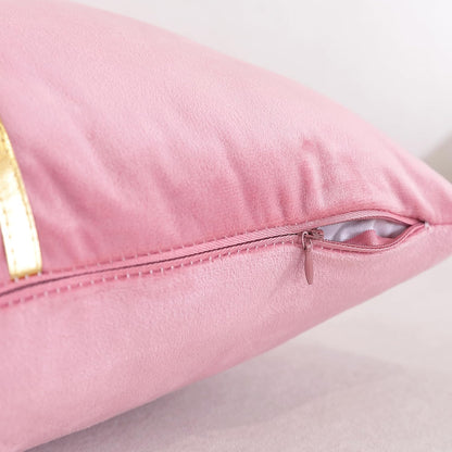 Velvet Throw Pillow Covers,Pack of 2 Soft Decorative Cushion Covers Cases Pink White Patchwork with Gold Leather for Sofa Bedroom Livingroom Car, 18 x 18 Inch
