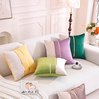 Velvet Throw Pillow Covers,Pack of 2 Soft Decorative Cushion Covers Cases Pink White Patchwork with Gold Leather for Sofa Bedroom Livingroom Car, 18 x 18 Inch