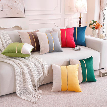 Velvet Throw Pillow Covers,Pack of 2 Soft Decorative Cushion Covers Cases Pink White Patchwork with Gold Leather for Sofa Bedroom Livingroom Car, 18 x 18 Inch