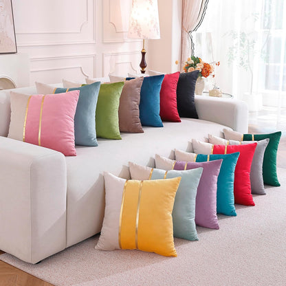 Velvet Throw Pillow Covers,Pack of 2 Soft Decorative Cushion Covers Cases Pink White Patchwork with Gold Leather for Sofa Bedroom Livingroom Car, 18 x 18 Inch
