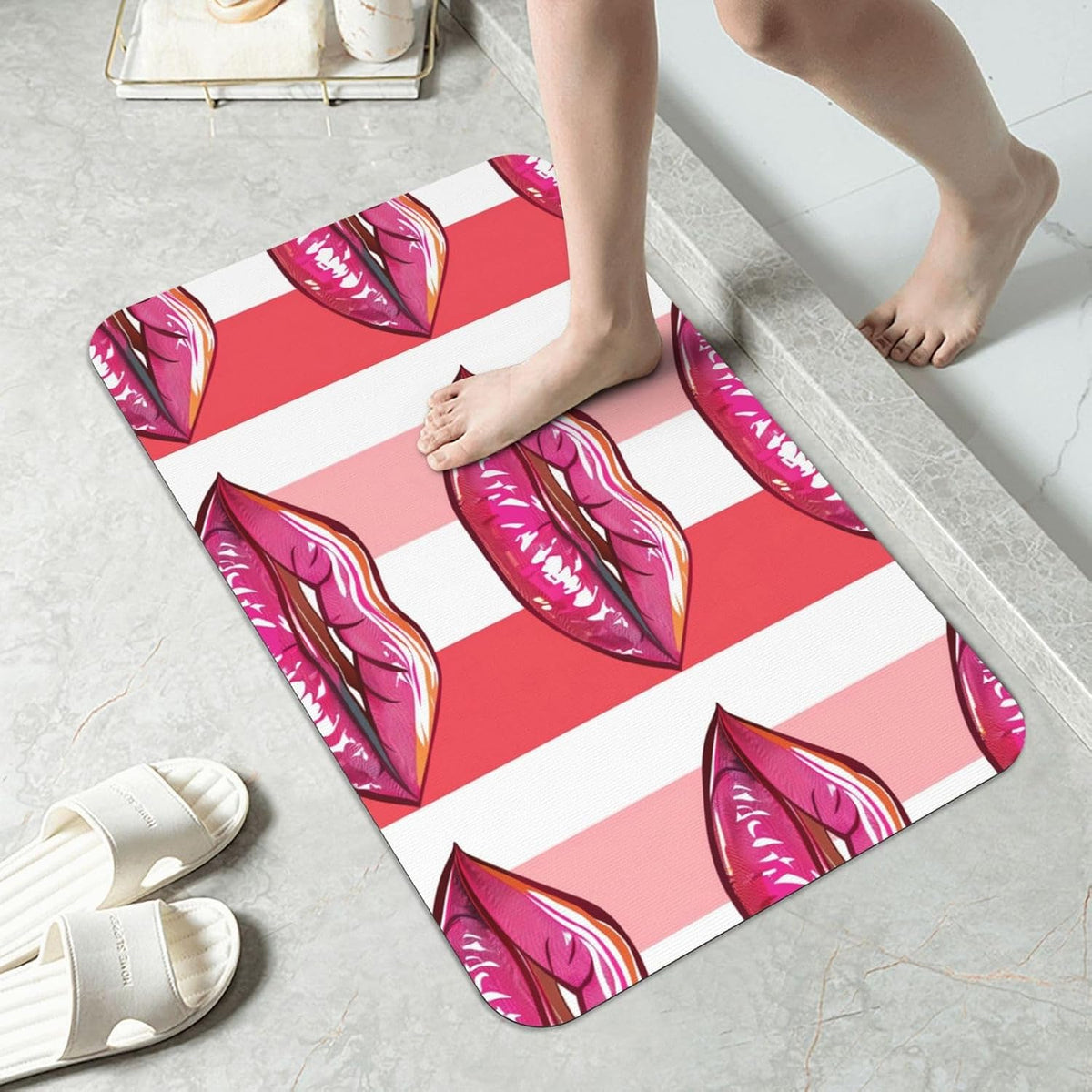 Pink Mouth Geometric Stripes Absorbent Bath Mat Non Slip Washable Doormat 19.7x31.5 in Quick Dry Shower Mat Thin Floor Rug for Bathroom Kitchen Entryway
