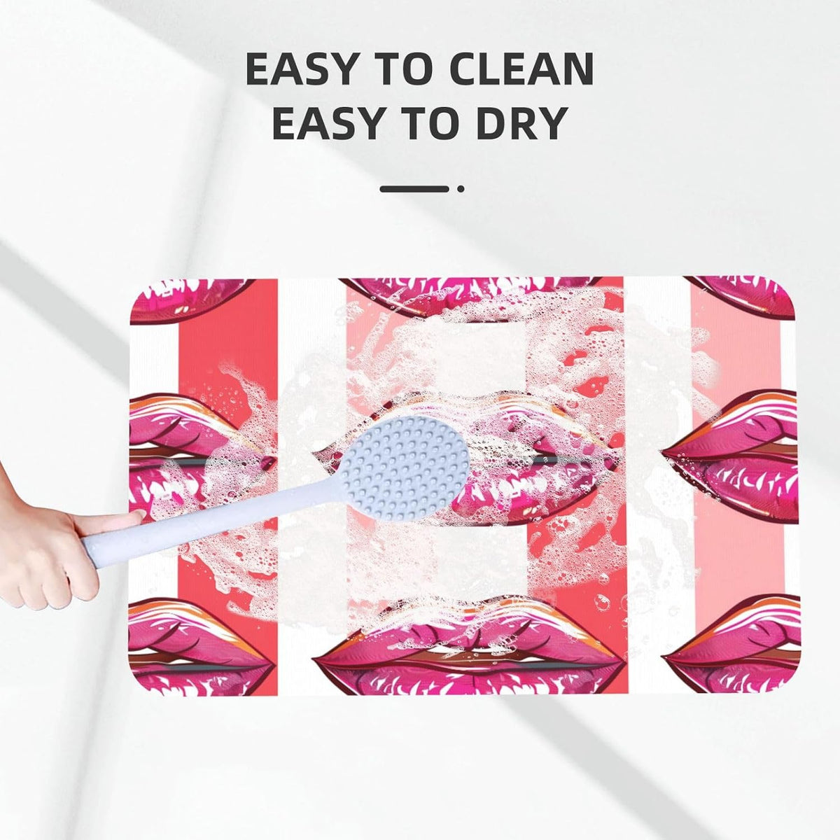 Pink Mouth Geometric Stripes Absorbent Bath Mat Non Slip Washable Doormat 19.7x31.5 in Quick Dry Shower Mat Thin Floor Rug for Bathroom Kitchen Entryway