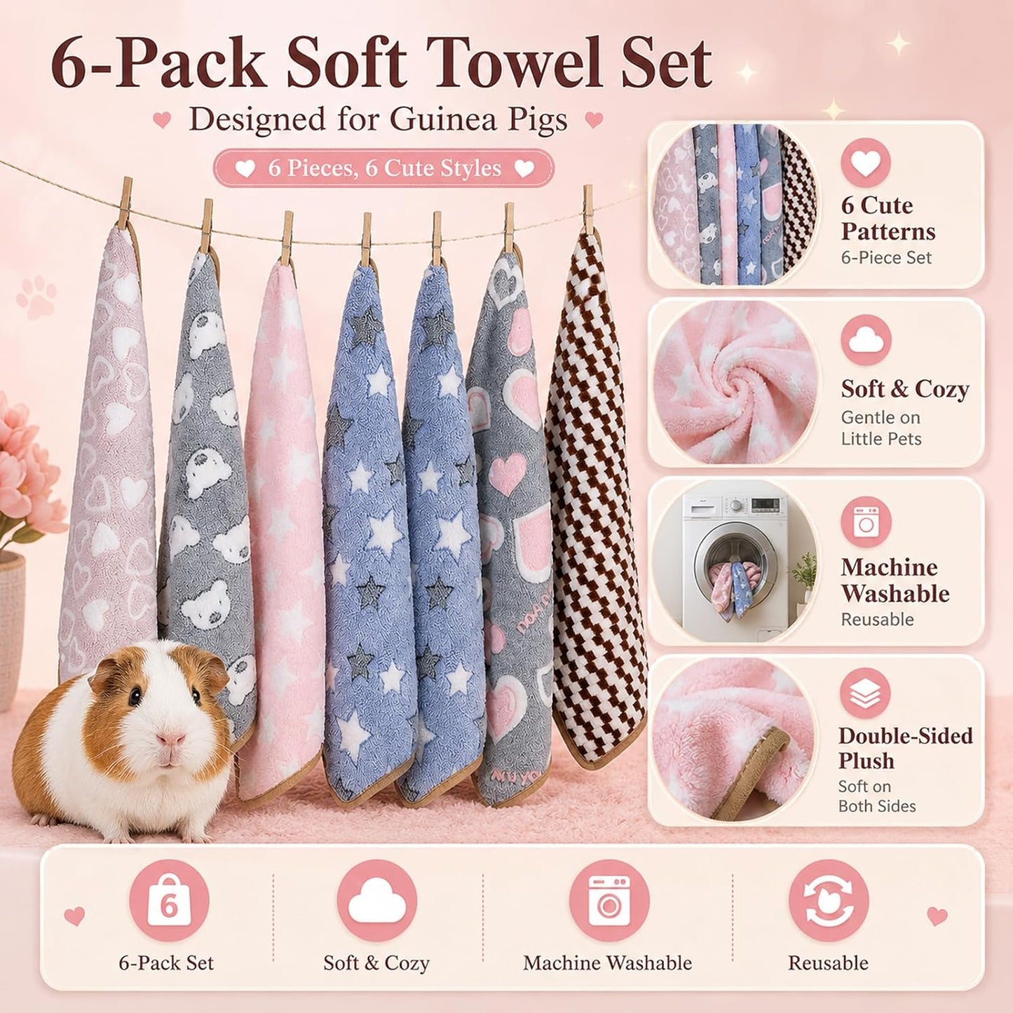 Grddaef Guinea Pig Fleece Blankets 6 Pieces Waterproof & Washable Small Animal Cage Liners Sleep Mat Bedding Pad for Hamster Chinchilla Rabbit Hedgehog (S-7.9 x 7.9 Inch)