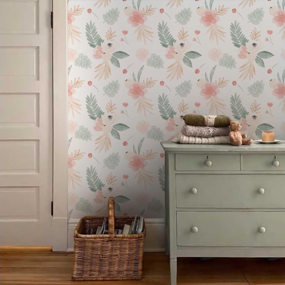 Neutral Green Leaves Pink Poppy Floral Peel and Stick Wallpaper Self Adhesive Removable Easy Peel Off Stick on Wall Paper for Bedroom Cabinet Renter