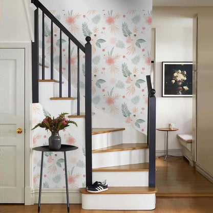Neutral Green Leaves Pink Poppy Floral Peel and Stick Wallpaper Self Adhesive Removable Easy Peel Off Stick on Wall Paper for Bedroom Cabinet Renter