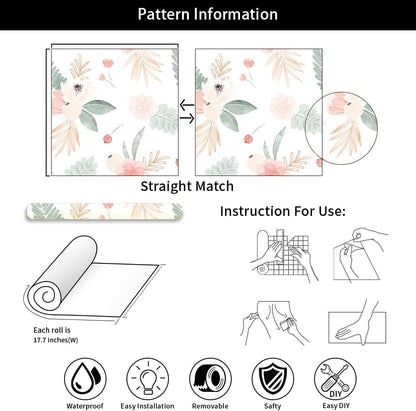 Neutral Green Leaves Pink Poppy Floral Peel and Stick Wallpaper Self Adhesive Removable Easy Peel Off Stick on Wall Paper for Bedroom Cabinet Renter