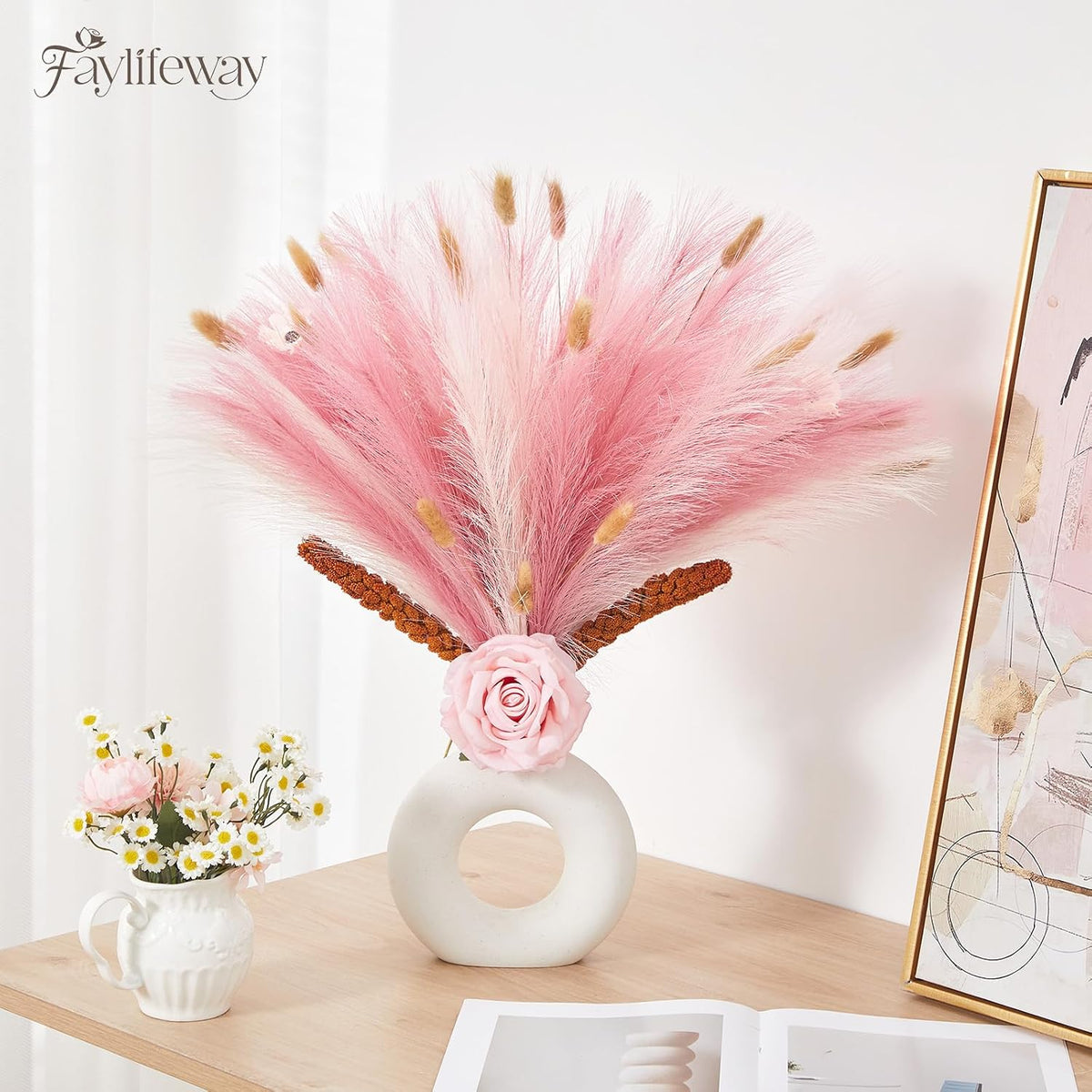 50PCS Blush Pink Pampas Grass, 17in Fluffy Boho Feathers Decor