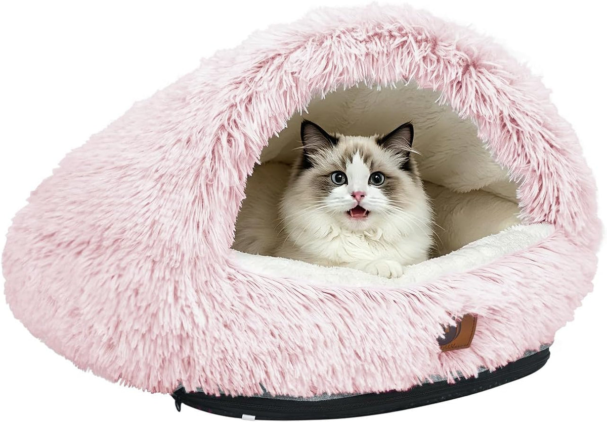 Round Covered Cat Bed Cave Dog Bed for Small Medium Pets,Pink,S