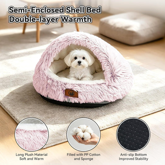 Round Covered Cat Bed Cave Dog Bed for Small Medium Pets,Pink,S