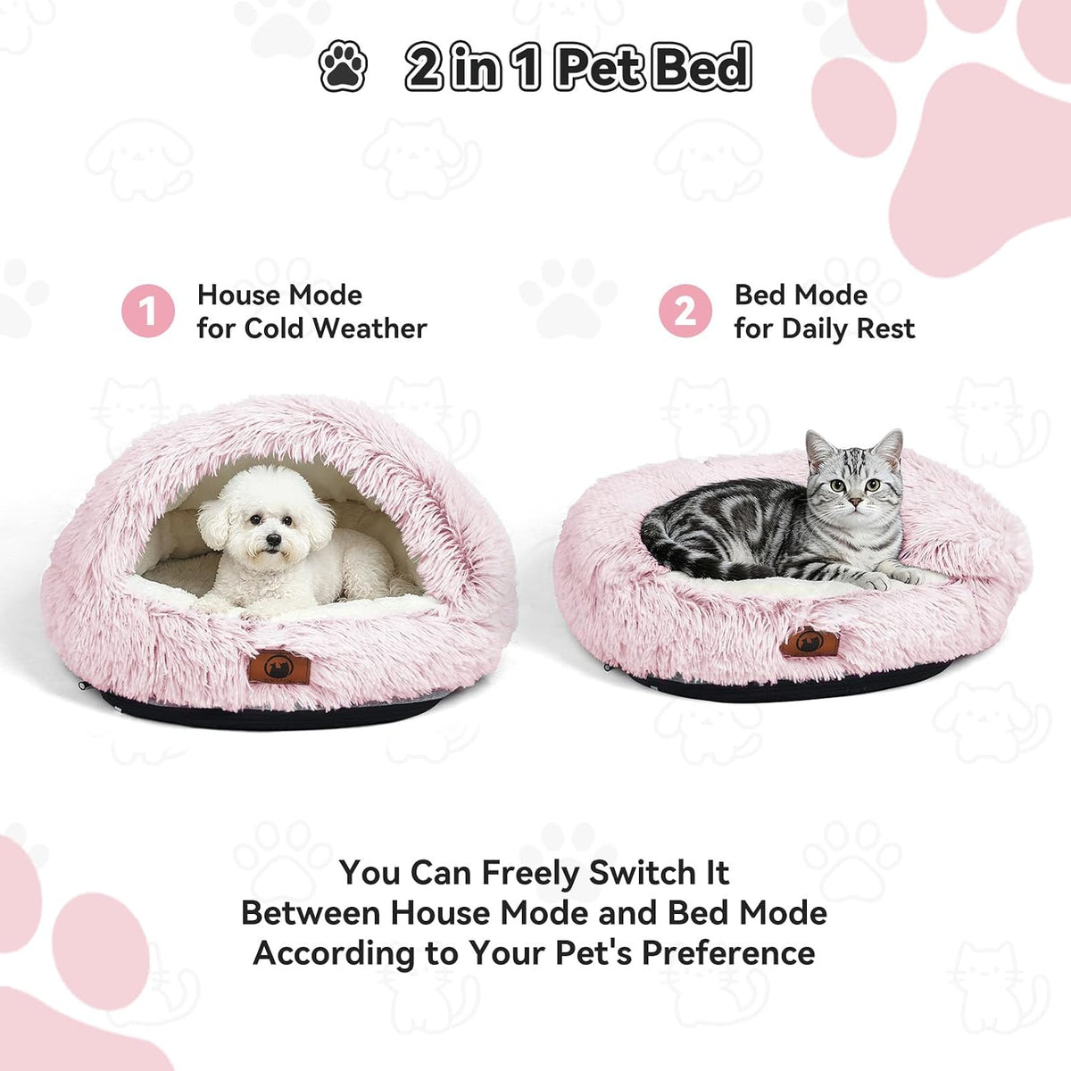 Round Covered Cat Bed Cave Dog Bed for Small Medium Pets,Pink,S