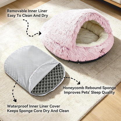 Round Covered Cat Bed Cave Dog Bed for Small Medium Pets,Pink,S