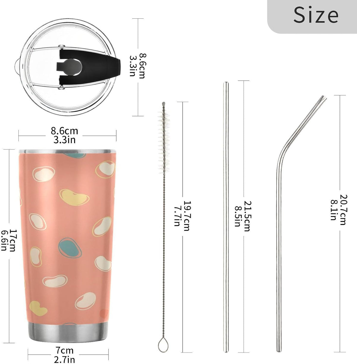 Peach Pattern 20oz Tumbler with Lid, Stainless Steel Vacuum Insulated Travel Mug, Double Wall Leakproof Coffee Cup, Travel Flask Includes 2 Straws for Hot and Cold Drinks